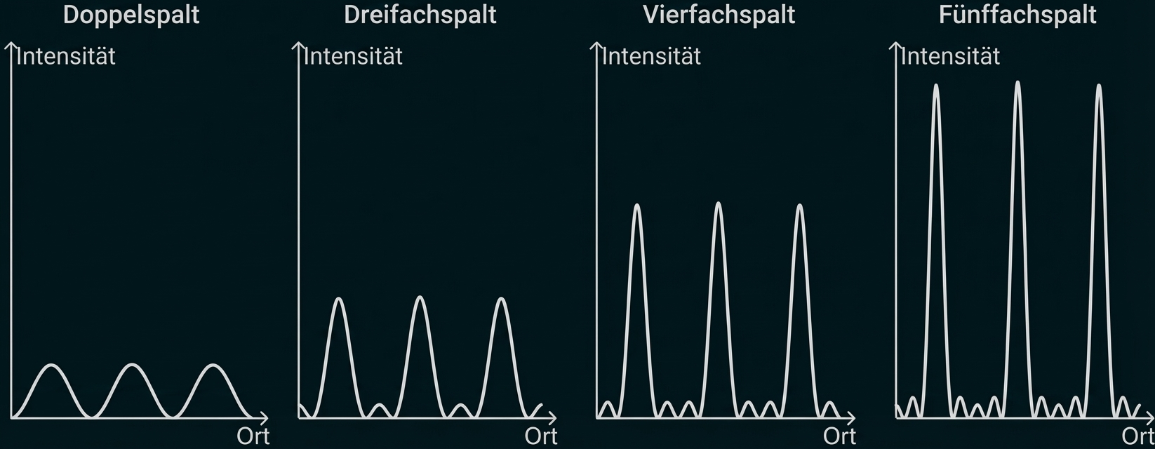 Intensitätskurven für Doppel-, Drei-, Vier- und Fünffachspalt mit zunehmend mehr und schärferen Peaks.